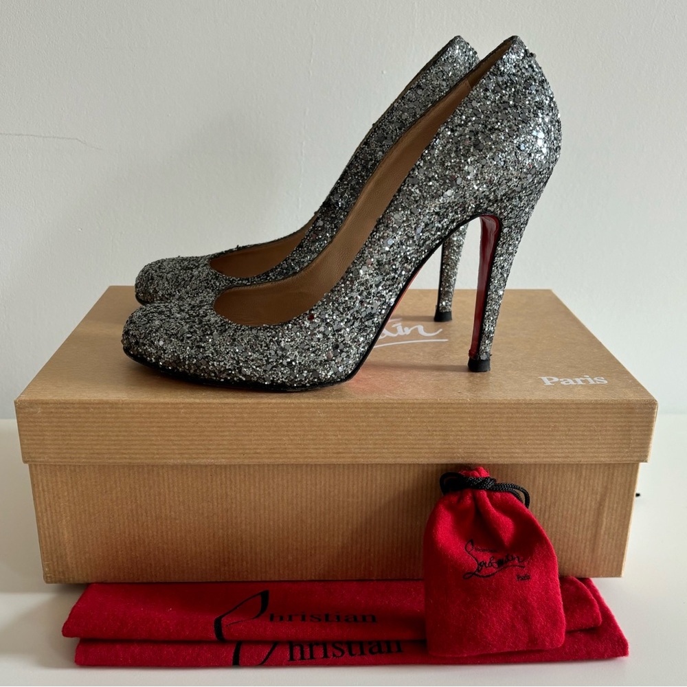 Christian Louboutin "Ron Ron" Sparkling Silver Glitter Heels